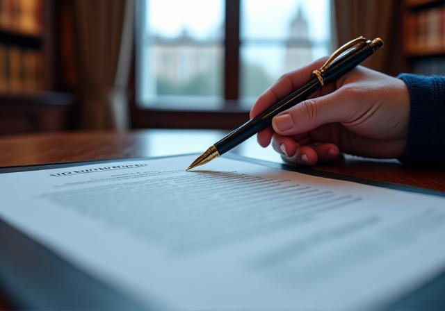 Close up of a professional lawyer reviewing a legal document on a high-end mahogany desk